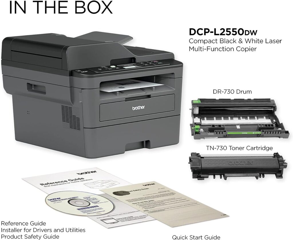 Brother DCP-L2550DWA All-in-One Wireless Monochrome Laser Printer - Print Scan Copy - 36 ppm, 2400 x 600 dpi, 8.5 x 14, 250-Sheet, 50-Sheet ADF, Automatic Duplex Printing, Broage Printer Cable