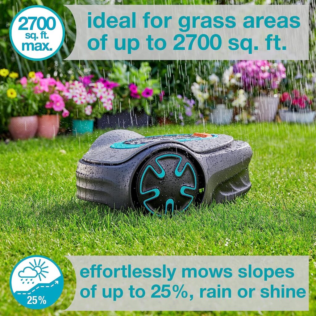 GARDENA 15201-20 SILENO Minimo - Automatic Robotic Lawn Mower, with Bluetooth app and Boundary Wire, The quietest in its Class, for lawns up to 2700 Sq Ft, Made in Europe, Grey