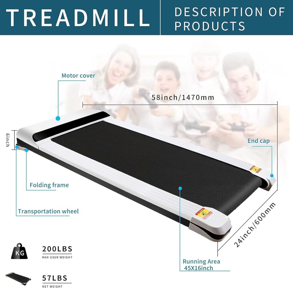 Motorised Treadmill, Under Desk Treadmill Portable Walking Running Pad Flat Slim Machine with Remote Control and LCD Display for Home Office Gym Use (Color : White)